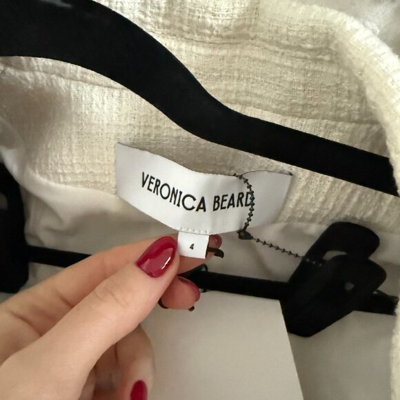 NWT Veronica Beard Tweed Blazer Jacket White Cinched Sleeves Fray Hem Sz 4 - Picture 2 of 7